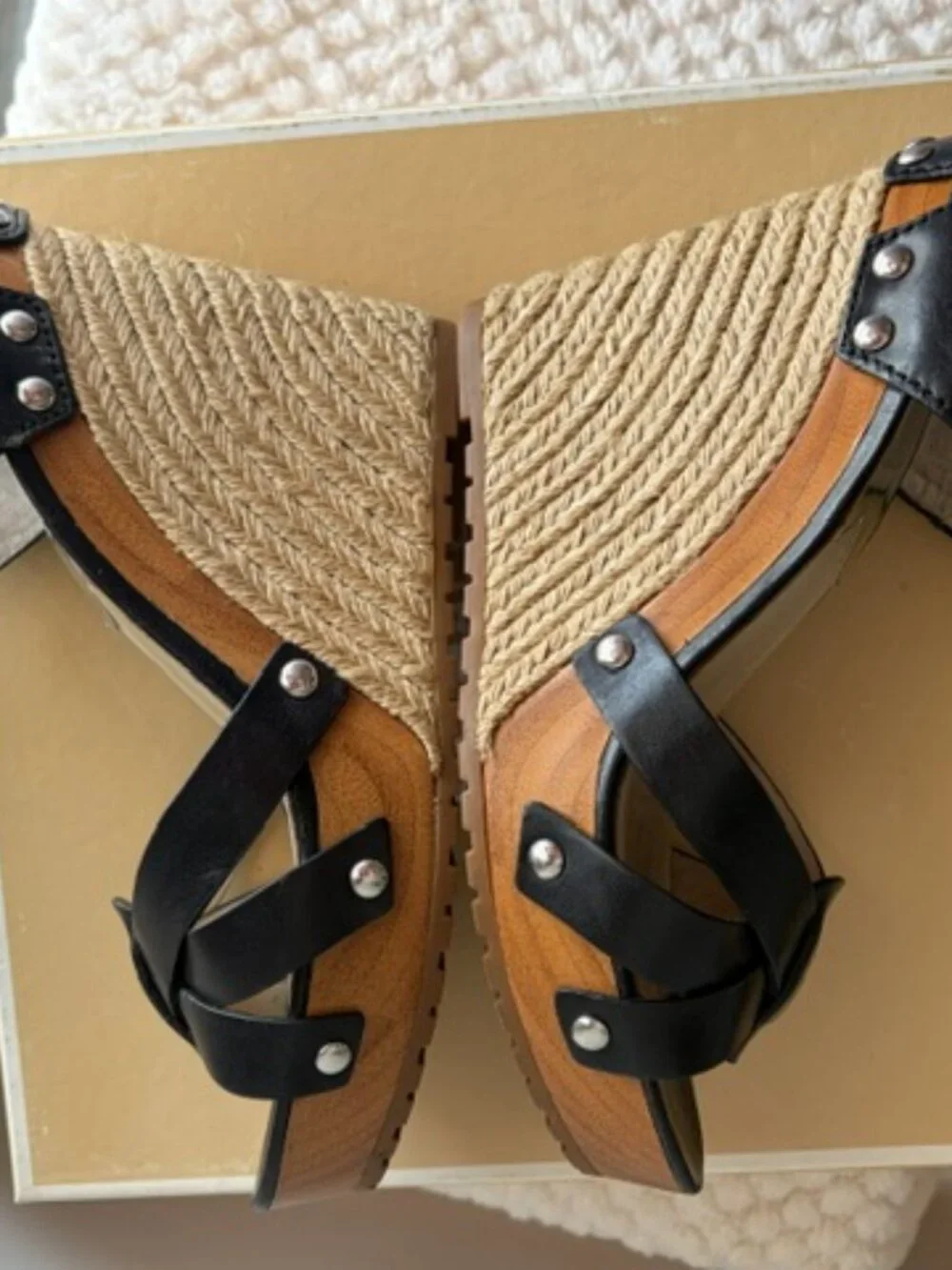 🖤 Michael Kors Somerly Black Leather Espadrille Wedge Sandals 8.5